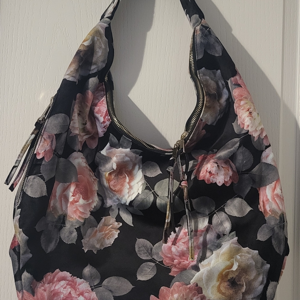Tabitha Webb Floral Hobo Handbag Purse Shoulder Bag Soft Black Velvet Roses